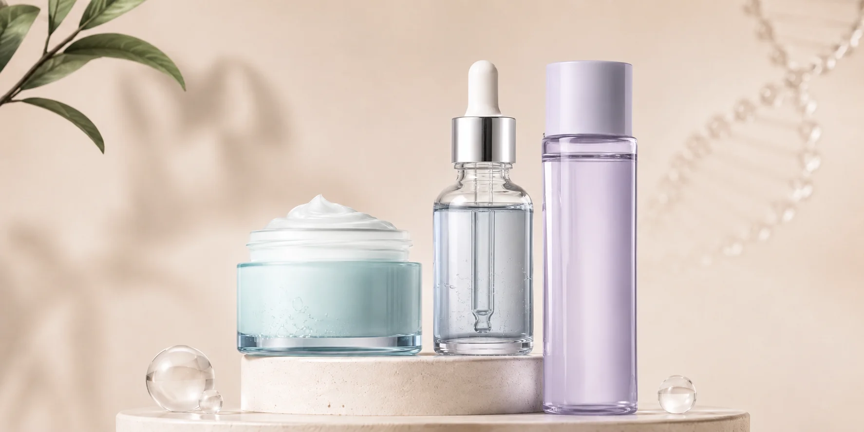 A minimalistic arrangement of skincare products including a cream jar, serum bottle with a dropper, and a purple-toned bottle, placed on white circular platforms with a neutral background.